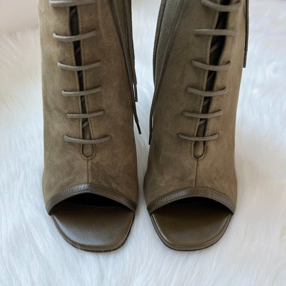 Saint Laurent Women's Paris Army Green Open Toe Suede Ankle Bootie Size 38 - Picture 4 of 6